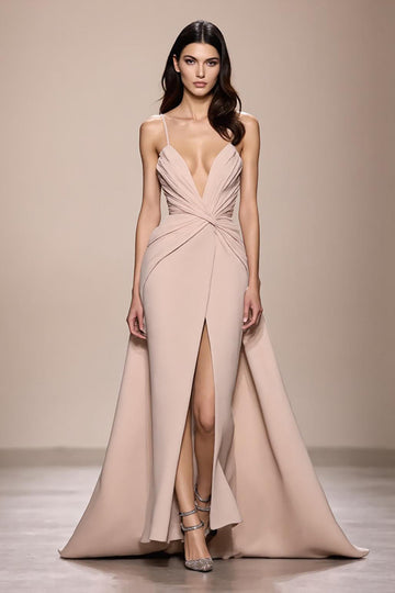 Champagne Satin A Line Ruched Long Formal Dress With Slit